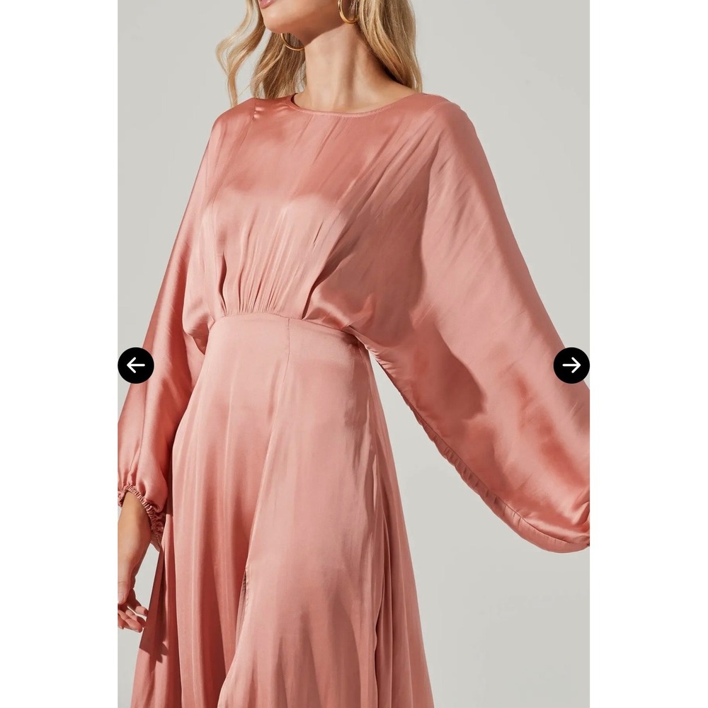 Blush Satin Midi Dress in Rose Blush with Balloon Sleeves - Picture 9 of 16